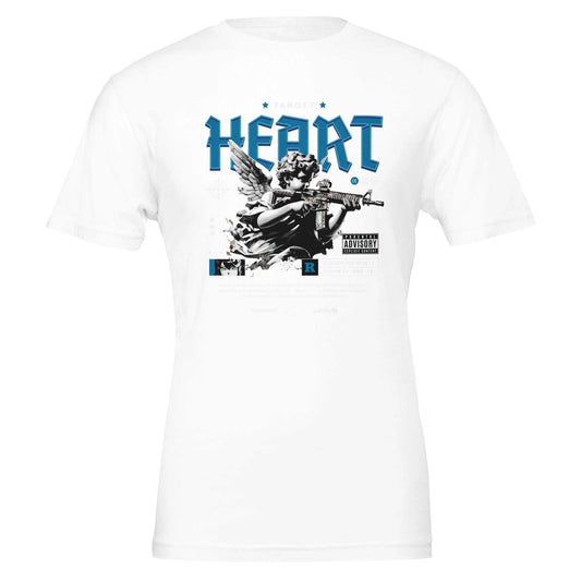 Heart Unisex Crewneck T-shirt white cotton with graphic angel holding rifle and blue Heart text design