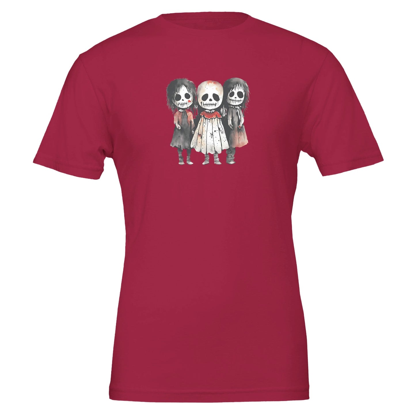 kids horror t-shirt in red with playful spooky characters and eco-friendly cotton fabric