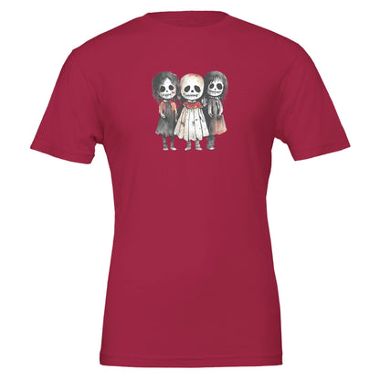 Kids horror t-shirt in red with playful spooky characters and eco-friendly cotton fabric