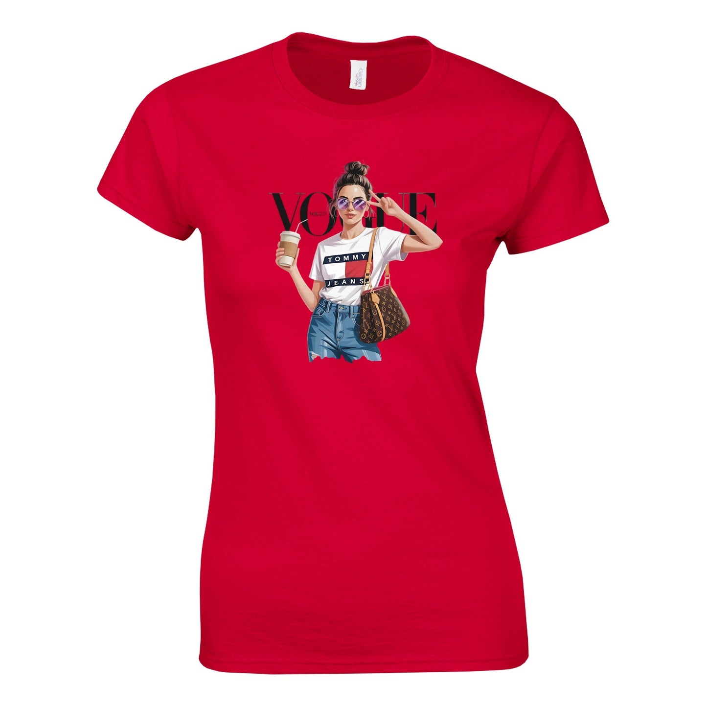 rotes vogue t-shirt für frauen aus 100 % baumwolle mit modischem druck und schmeichelhafter passform