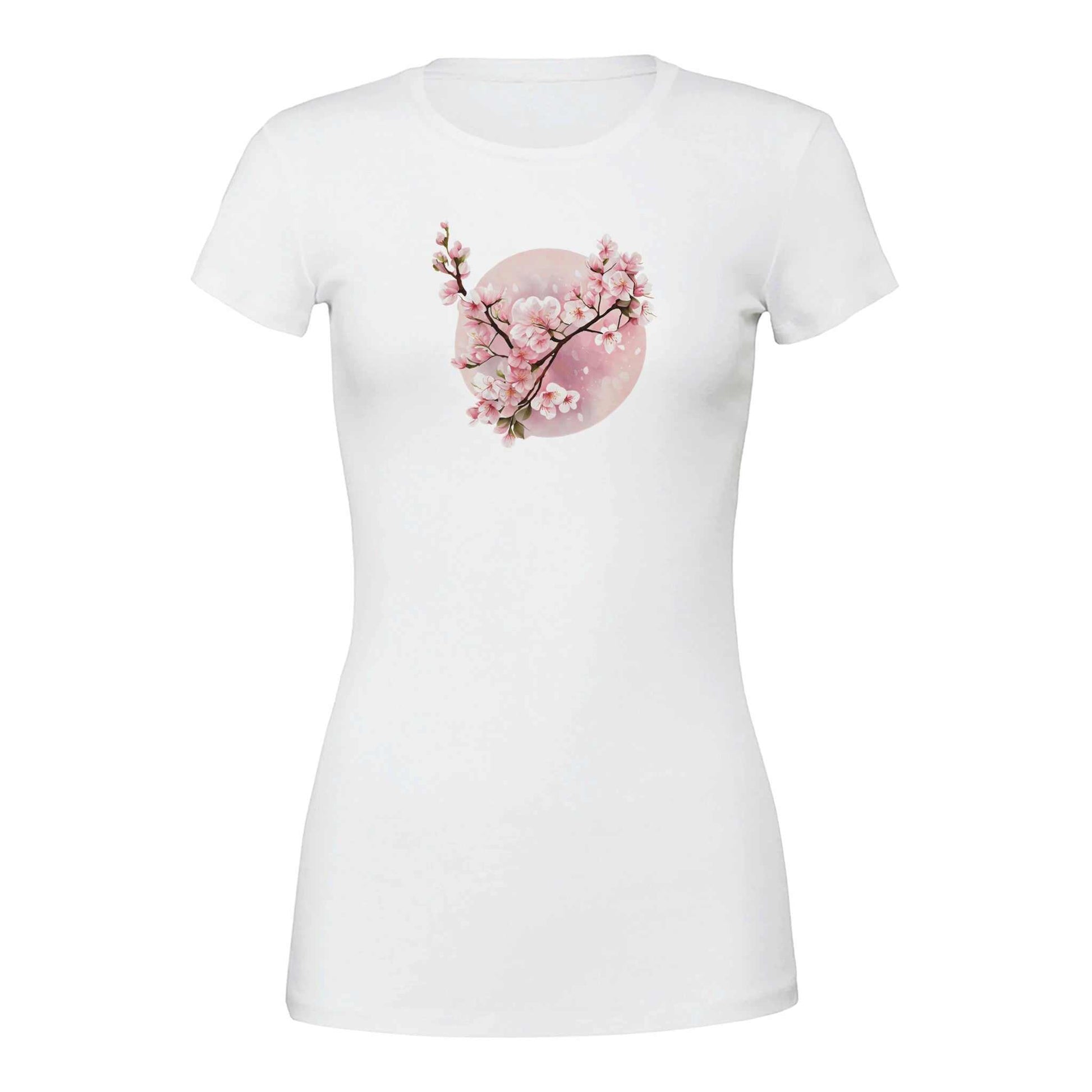 Weißes Damen-T-Shirt Sakura Spring mit Kirschblüten-Print und schlanker Passform aus 100% Baumwolle