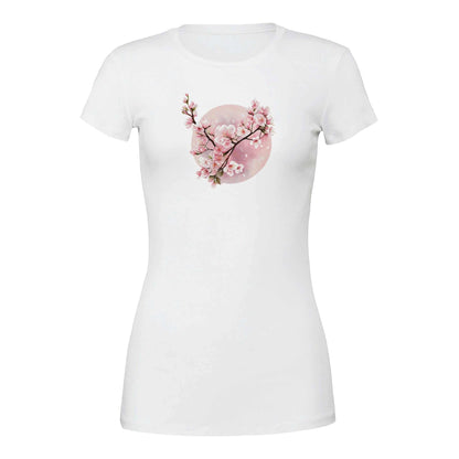 Weißes Damen-T-Shirt Sakura Spring mit Kirschblüten-Print und schlanker Passform aus 100% Baumwolle
