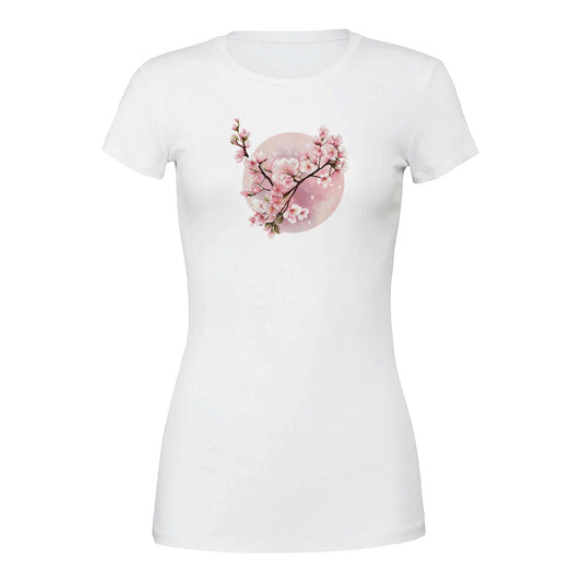 Weißes Damen-T-Shirt Sakura Spring mit Kirschblüten-Print und schlanker Passform aus 100% Baumwolle