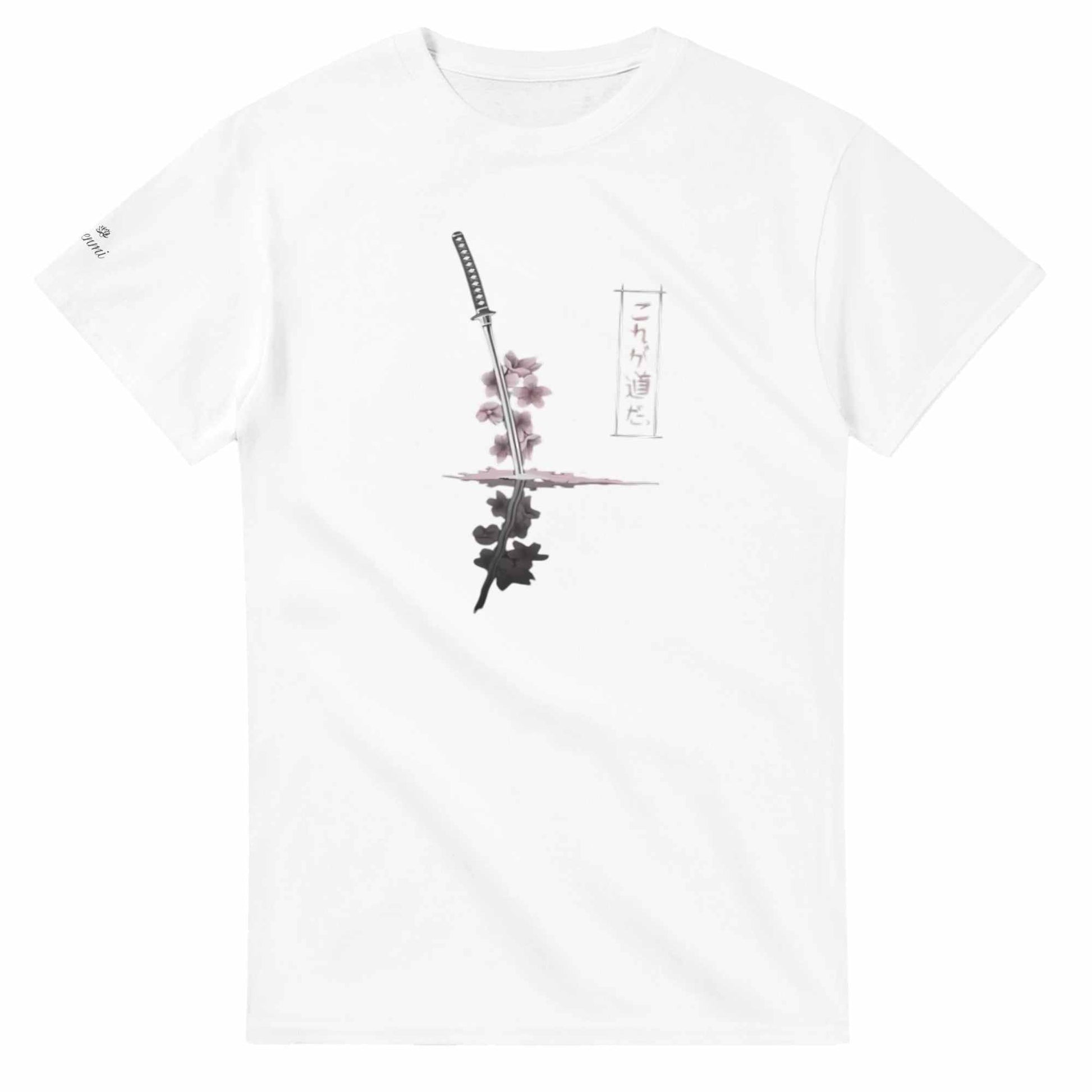 White Sakura Samurai T-Shirt with katana and cherry blossom design, unisex Japanese style tee for manga fans