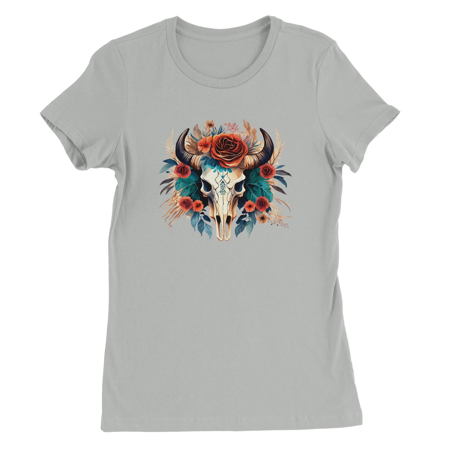 premium texas flower t-shirt mit hirschschädel und blumenmotiv auf grauem, tailliertem damen-t-shirt aus 100% airlume-baumwolle