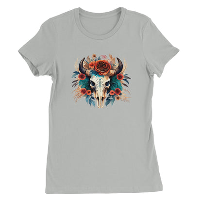 Premium Texas Flower T-Shirt mit Hirschschädel und Blumenmotiv auf grauem, tailliertem Damen-T-Shirt aus 100% Airlume-Baumwolle