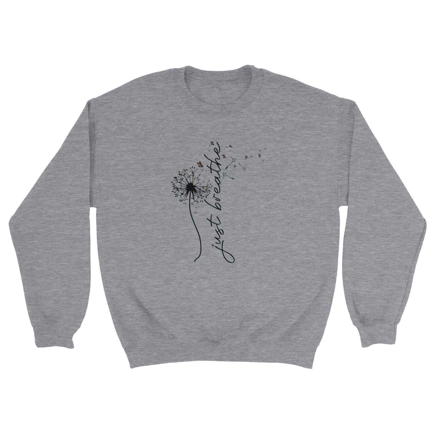 graues sweatshirt entspannungs pullover aus weicher baumwollpoly-mischung mit "just breathe" print und komfortablem, langlebigem design