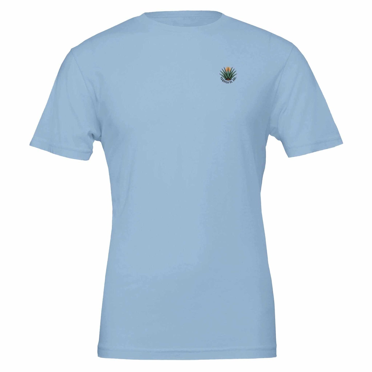 light blue tequila sommer t-shirt with small agave plant logo, soft eco-friendly cotton, unisex fit for summer style