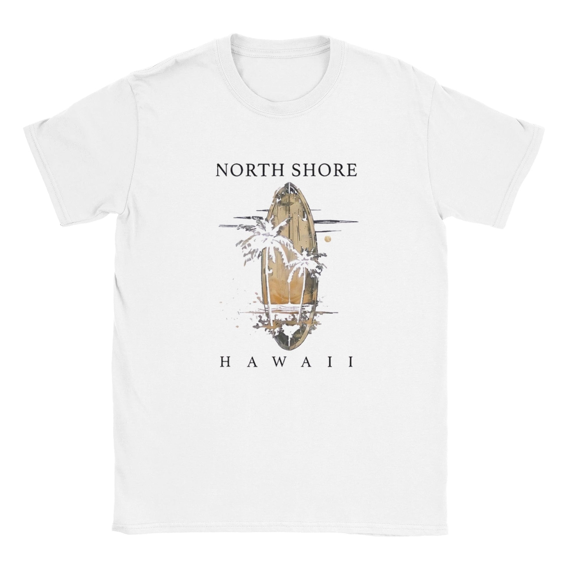 weißes Unisex T-Shirt mit Hawaii Sommer Beach Design, Surfbrett und Palmenprint, leichter Baumwollstoff