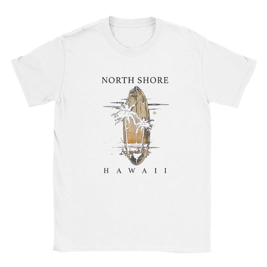weißes Unisex T-Shirt mit Hawaii Sommer Beach Design, Surfbrett und Palmenprint, leichter Baumwollstoff