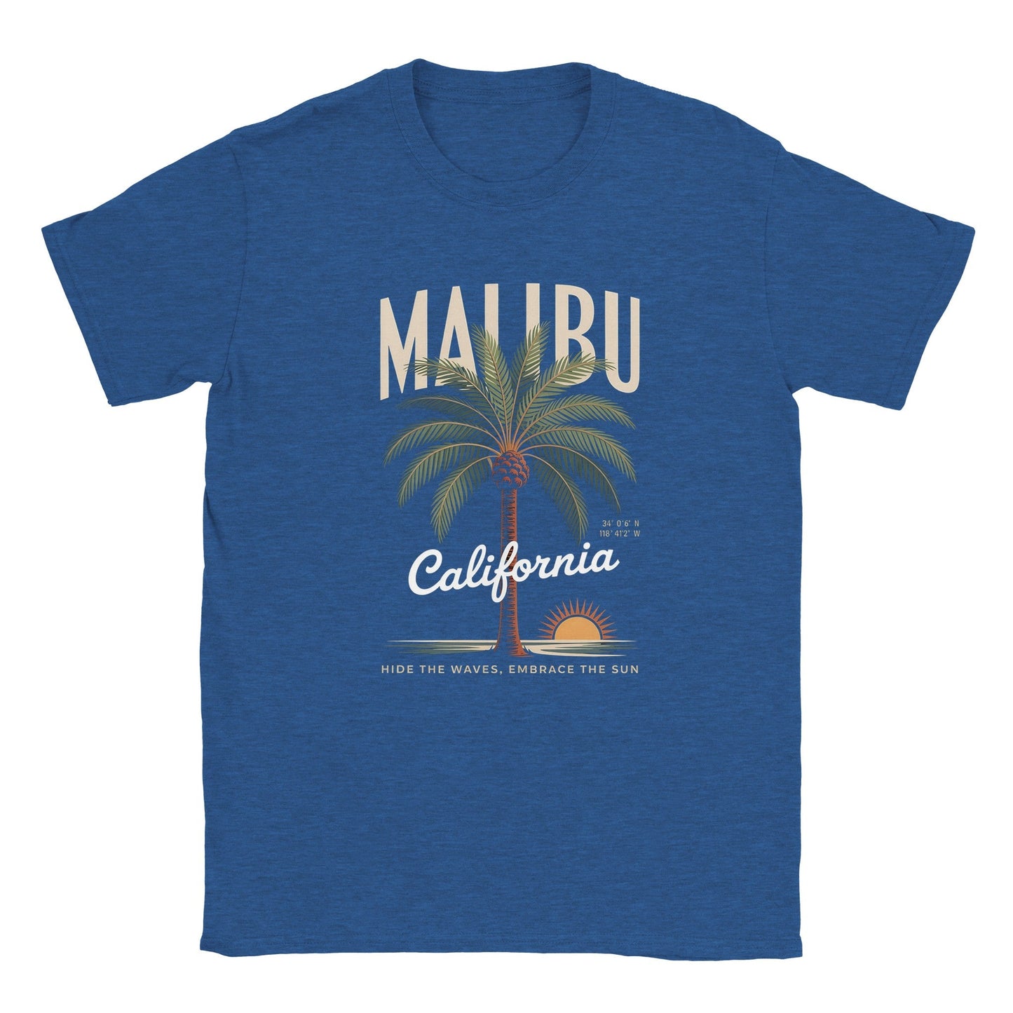 california sunshine sommer t-shirt in blau mit malibu-palmen-design und sonnenmotiv, weiches, nahtloses material, ideal für sommerlichen komfort.