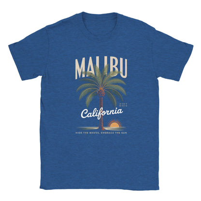 California Sunshine Sommer T-Shirt in Blau mit Malibu-Palmen-Design und Sonnenmotiv, weiches, nahtloses Material, ideal für sommerlichen Komfort.