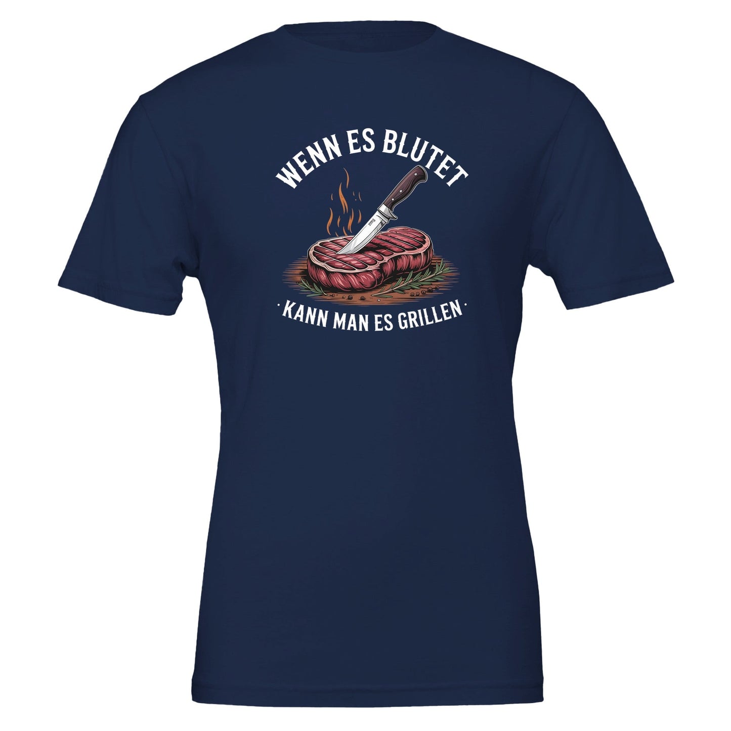 grill t-shirt dunkelblau mit steak- und messer-design und aufschrift "wenn es blutet kann man es grillen" unisex aus weicher, robuster baumwolle für gartenpartys und grillabende