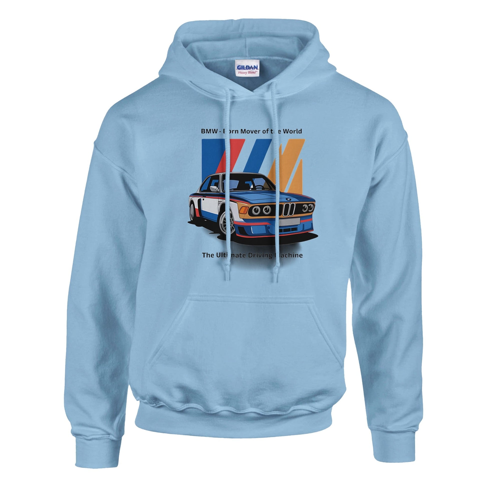 Light blue Born to Race unisex hoodie with front kangaroo pocket and graphic of a classic BMW race car and colorful stripes.