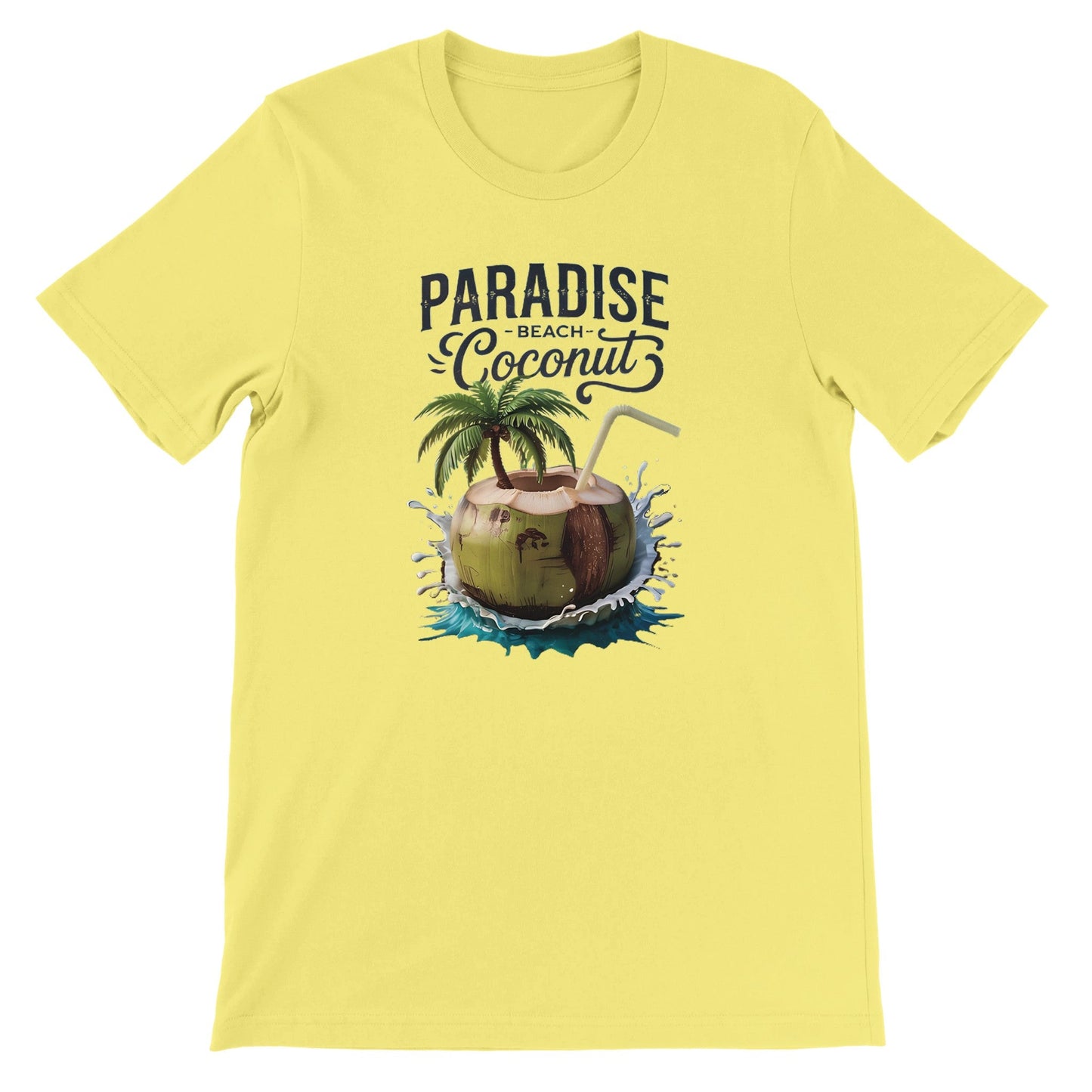 gelbes sommer t-shirt mit kokosnuss-strand-print und paradise-schriftzug