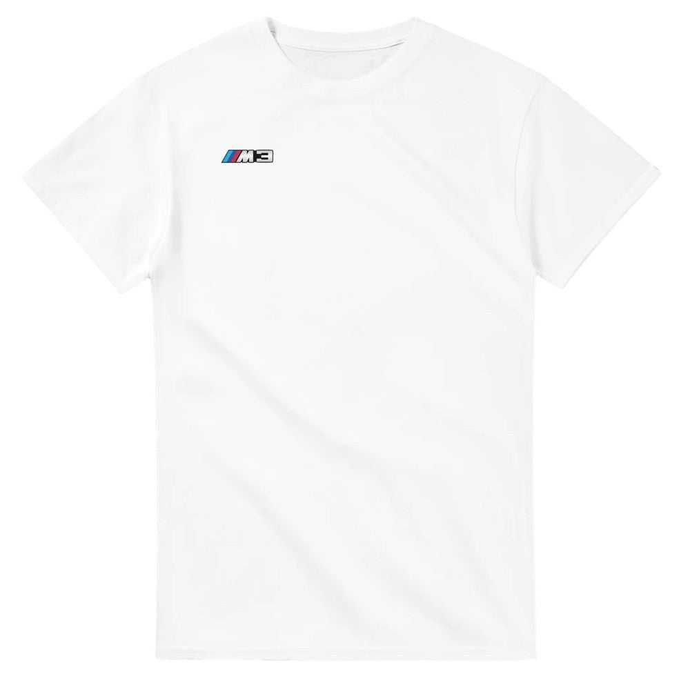 Weißes BMW E30 M3 Herren T-Shirt aus schwerer Baumwolle mit klassischem Motorsport-Design und doppelten Nähten