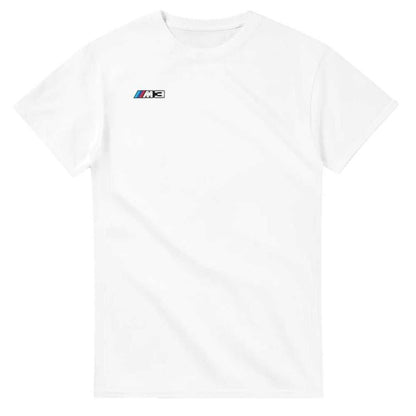 Weißes BMW E30 M3 Herren T-Shirt aus schwerer Baumwolle mit klassischem Motorsport-Design und doppelten Nähten