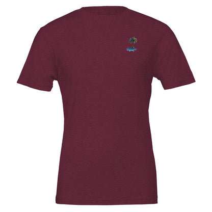 weinrotes unisex Sommer T-Shirt mit kleinem Palmenstickmotiv ideal für Strand und Beach Party