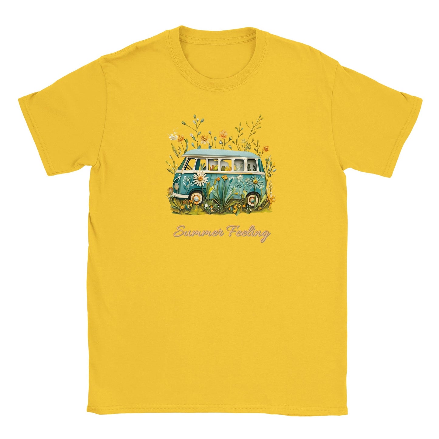 gelbes sommer t-shirt mit bully camper motiv und „summer feeling“ schriftzug, weich und bequem für strand und freizeit