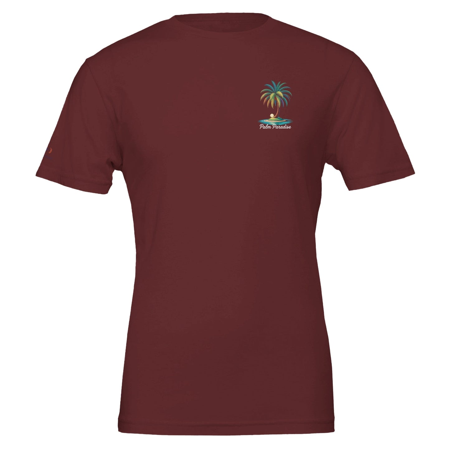 unisex sommer t-shirt aus weicher baumwolle mit palmen-stranddesign, nachhaltig und körperbetont in bordeauxrot