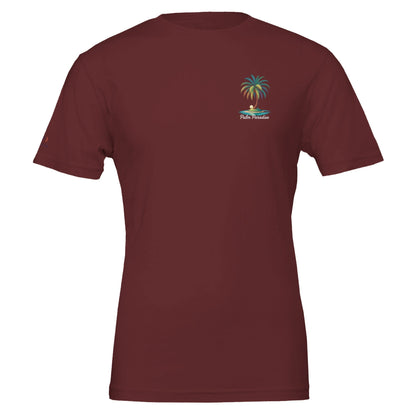 Unisex Sommer T-Shirt aus weicher Baumwolle mit Palmen-Stranddesign, nachhaltig und körperbetont in Bordeauxrot