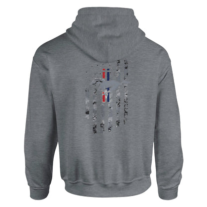 Stylish grey unisex hoodie for car lovers with a subtle automotive-themed graphic on the back.