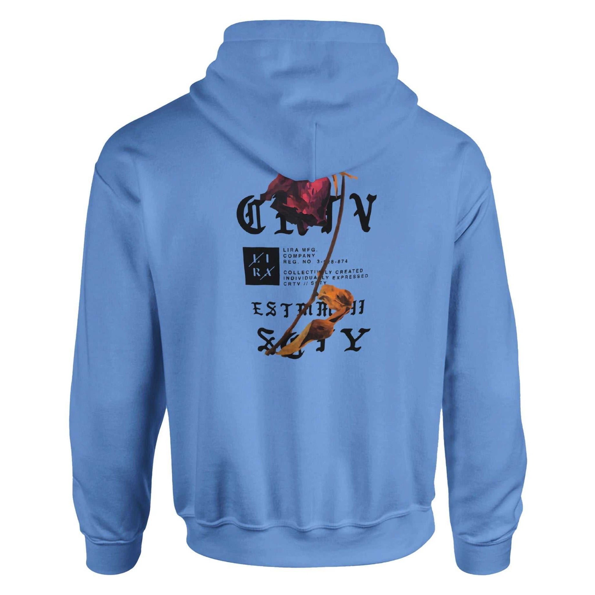 Blue Lira Streetwear Hoodie with graphic print on back, double-lined hood, front pouch pocket, and rib knit cuffs and waistband.