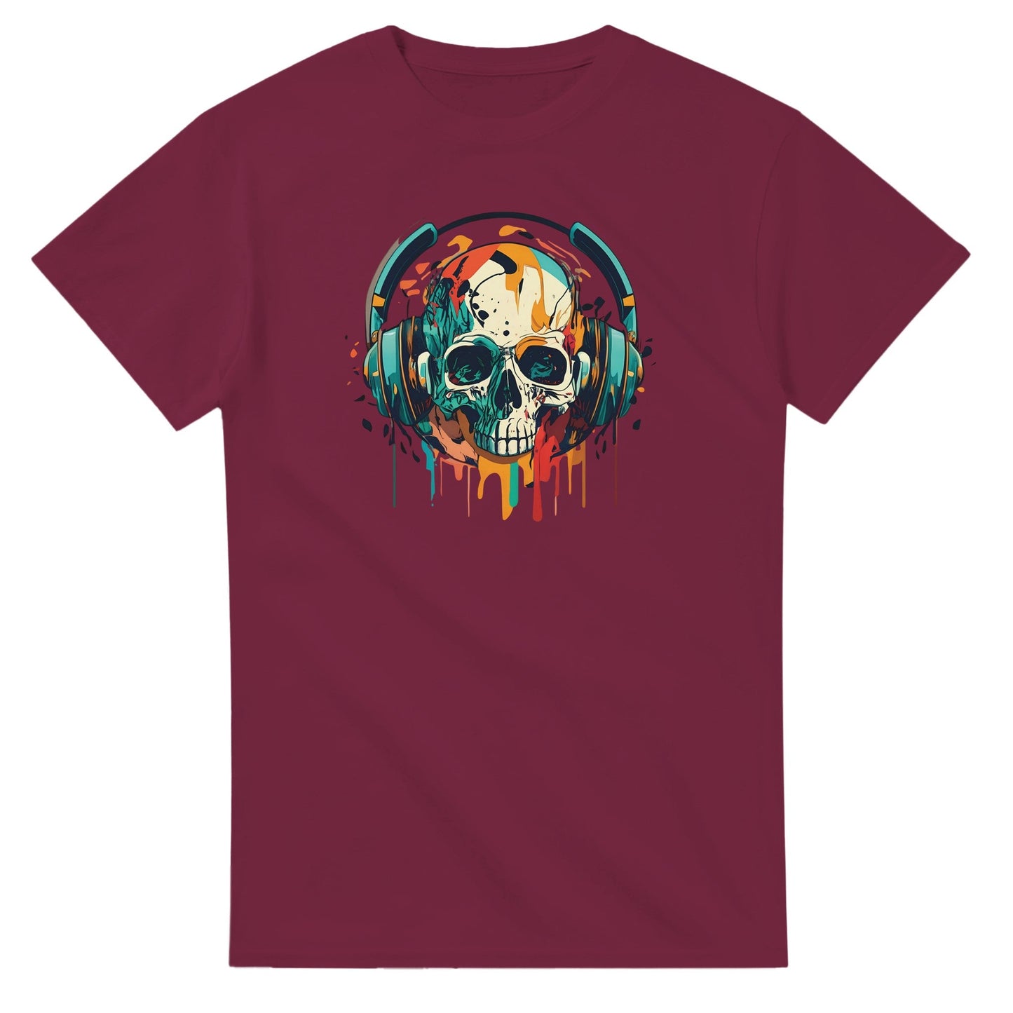 party sommer musik t-shirt mit totenkopf und kopfhörern, 100% baumwolle, klassische passform, burgunderrot