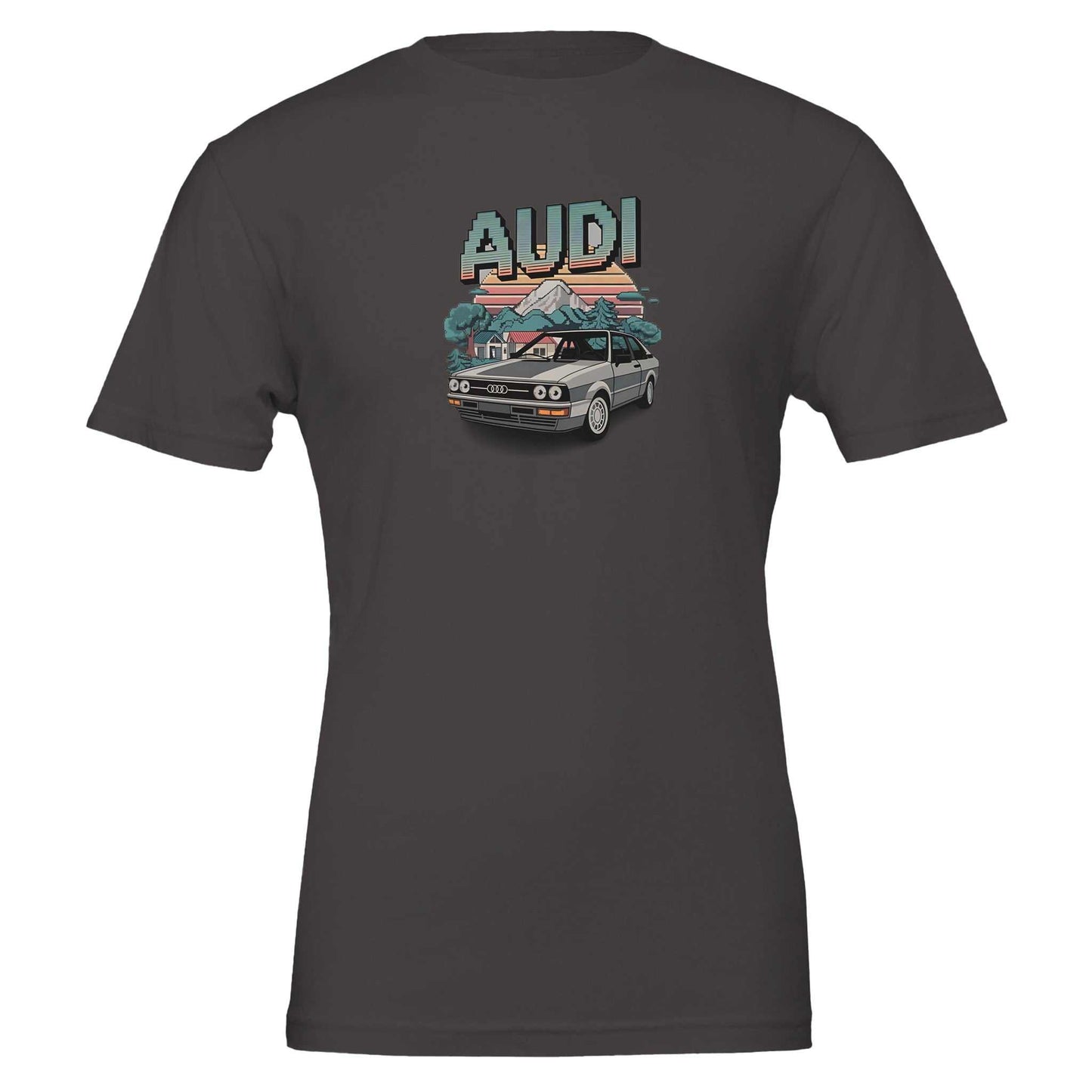 oldschool t-shirt with pixel art audi car and retro sunset design on dark fabric