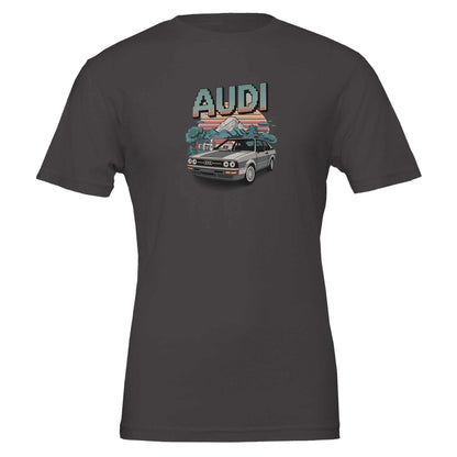 Oldschool T-shirt with pixel art Audi car and retro sunset design on dark fabric