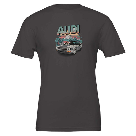 Oldschool T-shirt with pixel art Audi car and retro sunset design on dark fabric