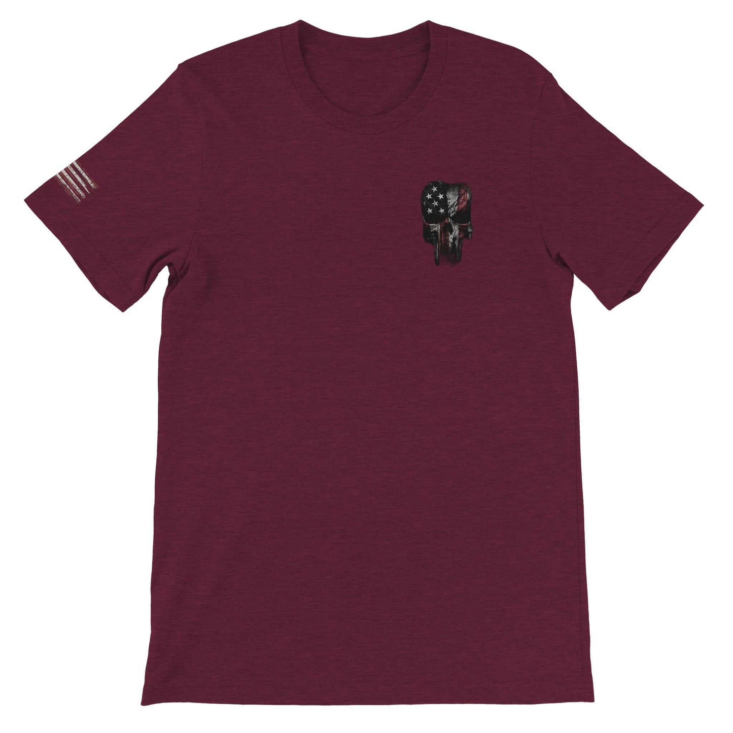 american feeling unisex t-shirt in maroon with american flag skull graphic and comfortable dtg-friendly fabric