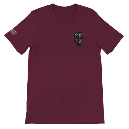 American Feeling Unisex T-Shirt in maroon with American flag skull graphic and comfortable DTG-friendly fabric