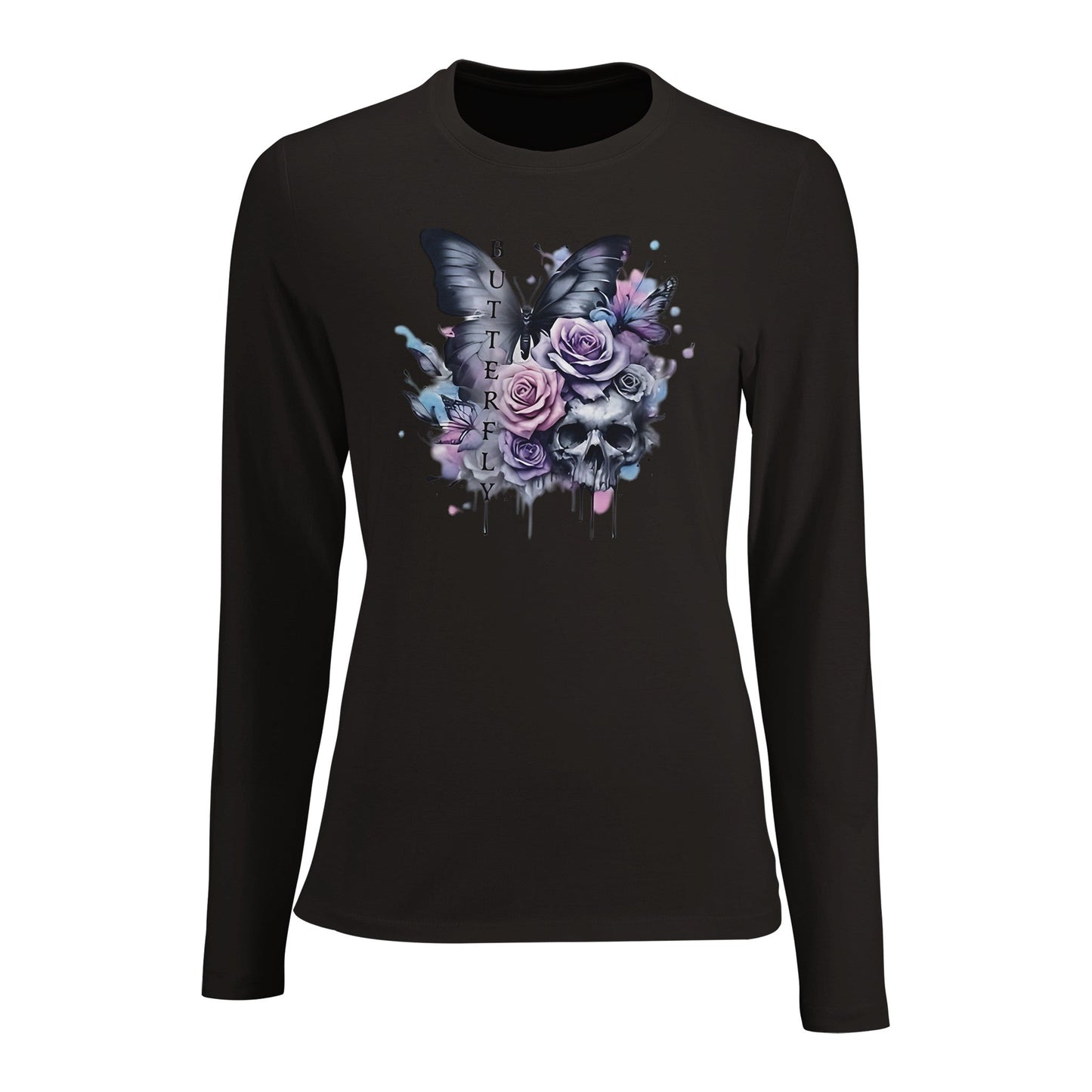 damen langarm shirt in schwarz mit schmetterlings- und blumenmotiv, figurbetont und aus premium-material