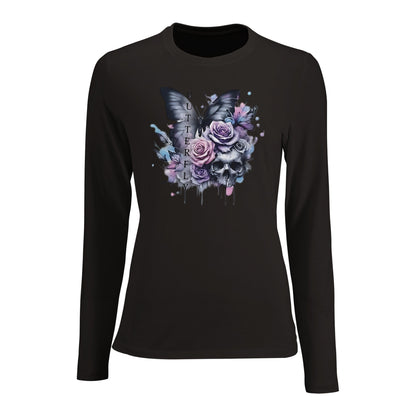 Damen Langarm Shirt in Schwarz mit Schmetterlings- und Blumenmotiv, figurbetont und aus Premium-Material