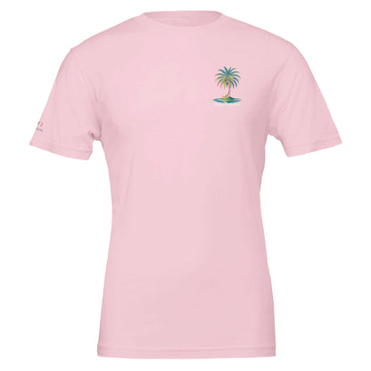 Sommer T-Shirt in rosa mit kleinem Palmen-Strandmotiv, unisex, weich und umweltfreundlich aus 100 % Baumwolle