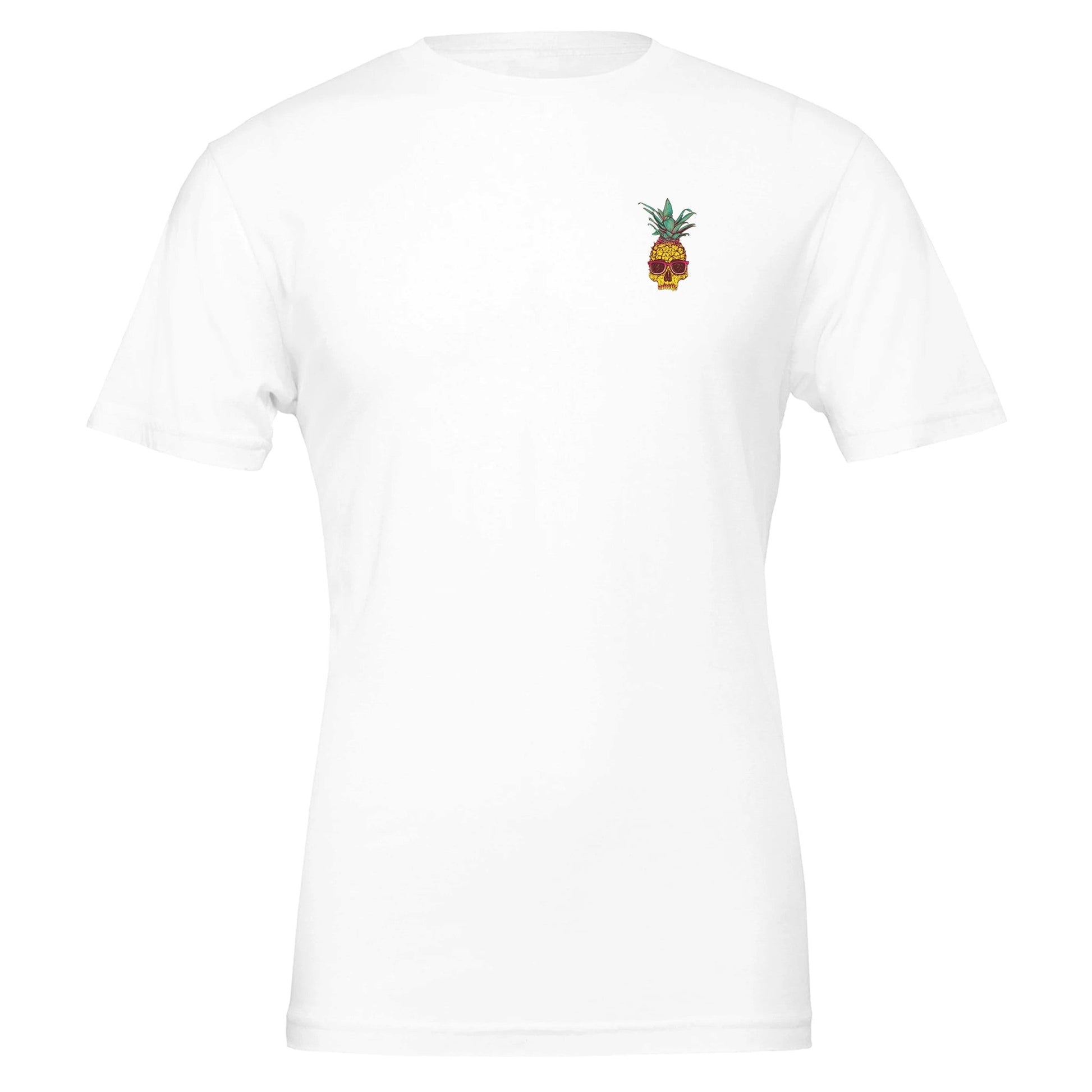 Weißes spritziges Sommer T-Shirt aus 100 % Airlume-Baumwolle mit kleinem Ananas Totenkopf DTG-Druck, unisex und körperbetonte Passform