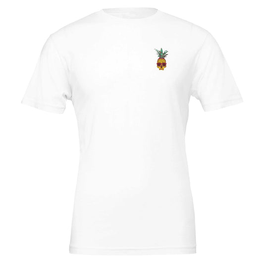 Weißes spritziges Sommer T-Shirt aus 100 % Airlume-Baumwolle mit kleinem Ananas Totenkopf DTG-Druck, unisex und körperbetonte Passform