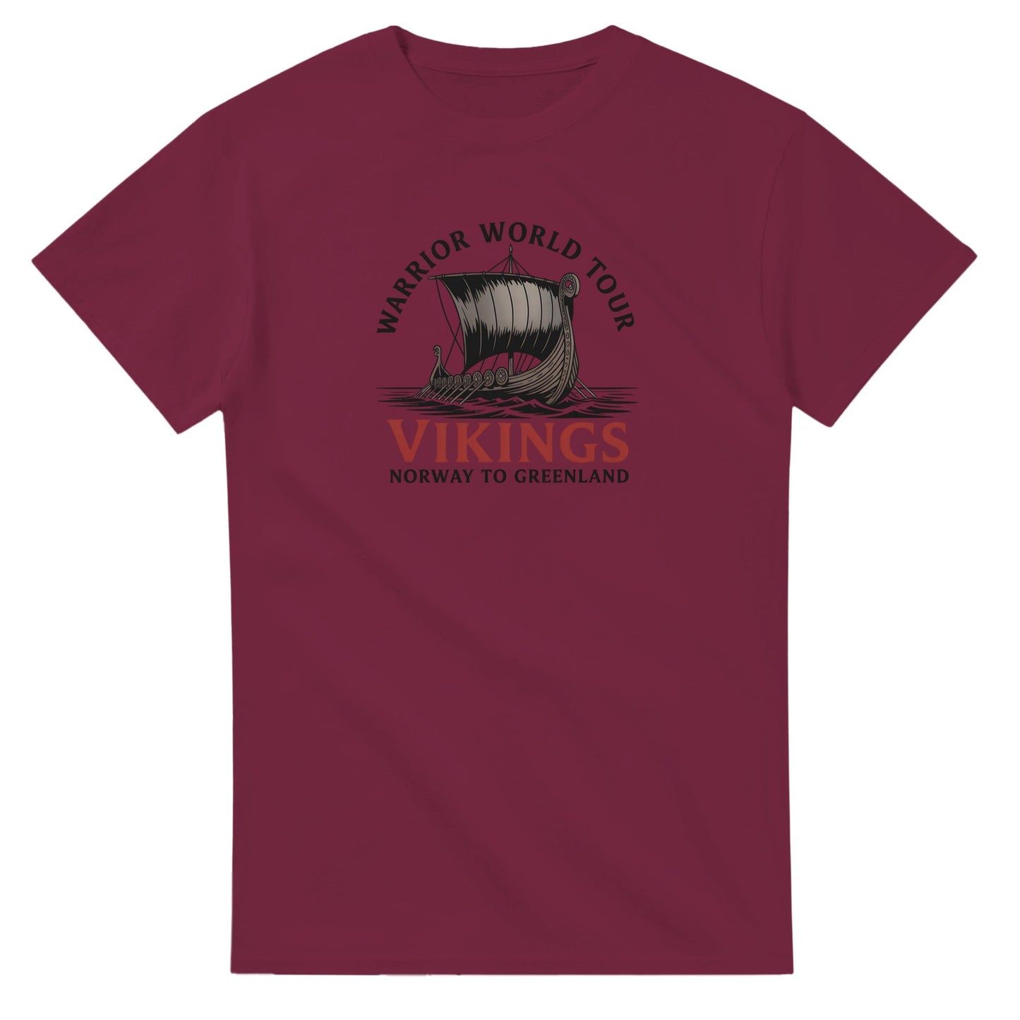 wikinger t-shirt aus schwerer baumwolle mit klassischem schnitt und wikinger-schiff-print in burgunderrot