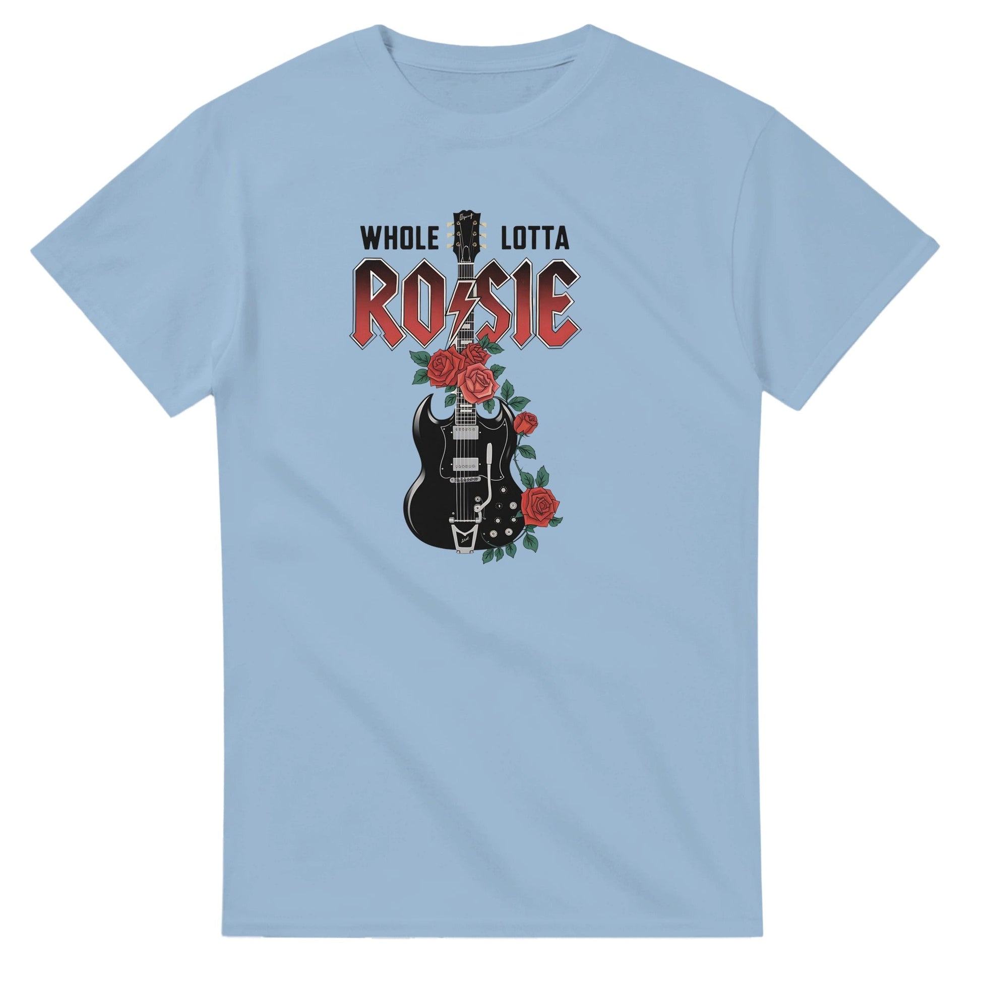 Light blue AC DC T-shirt featuring "Whole Lotta Rosie" text and guitar with rose graphic in classic fit heavyweight cotton
