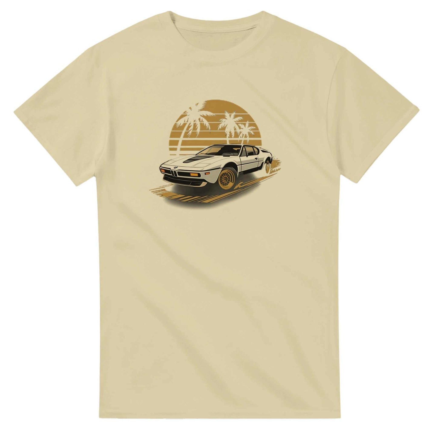 premium unisex summer car t-shirt with vintage car and palm tree design on beige heavyweight cotton fabric