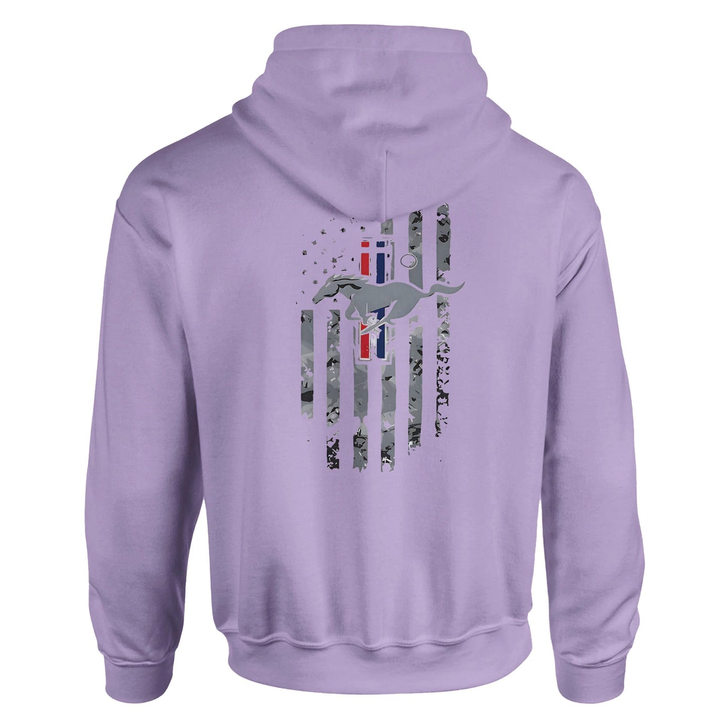 stylish unisex hoodie for car lovers with mustang logo and distressed flag design on back in lavender color