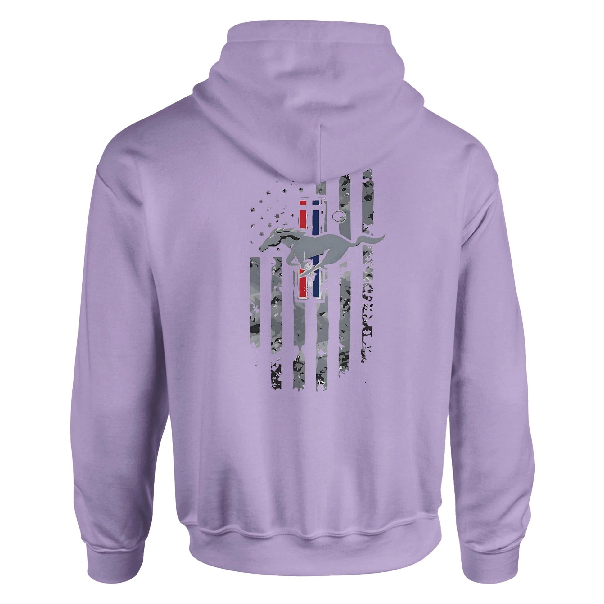 Stylish unisex hoodie for car lovers with Mustang logo and distressed flag design on back in lavender color