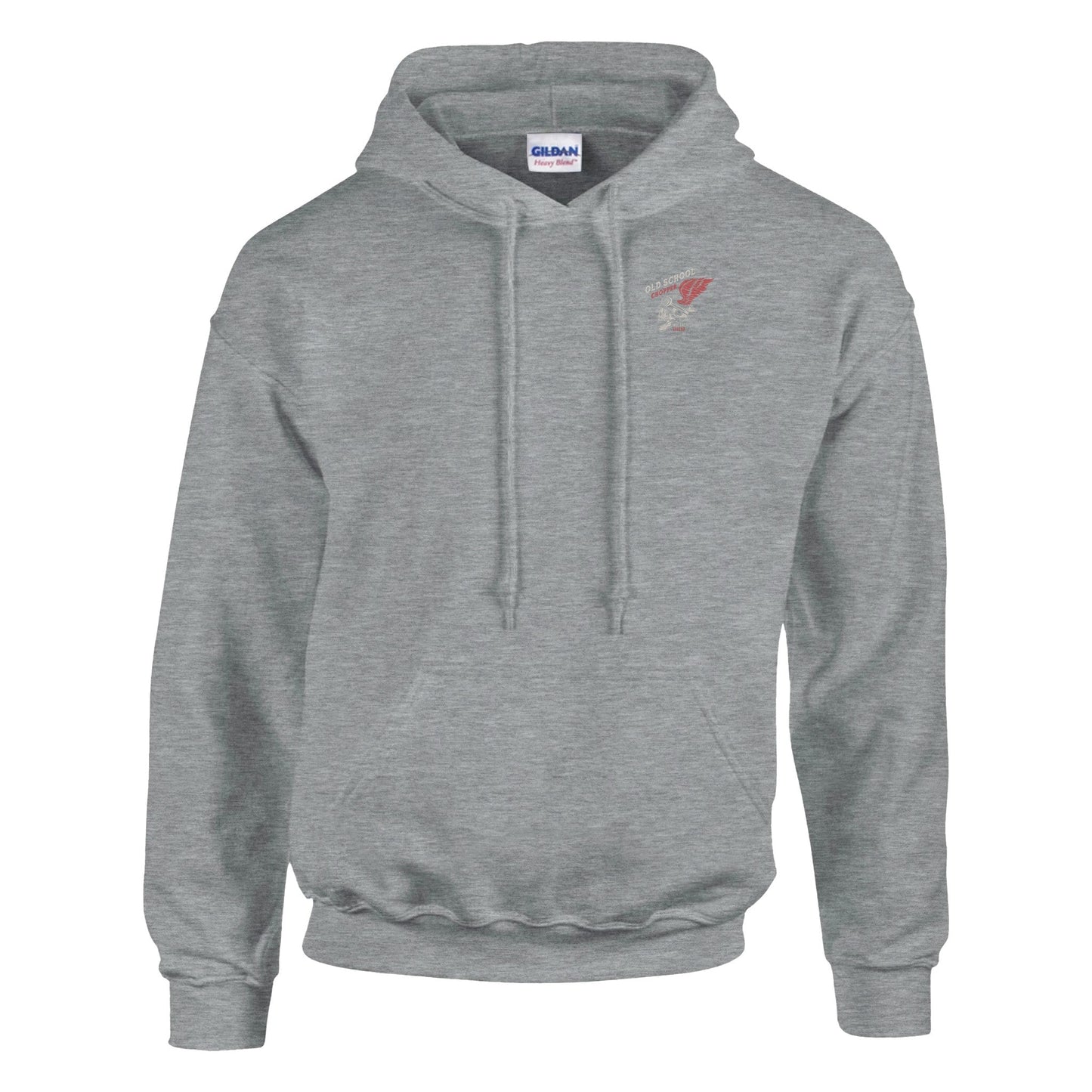 gray men's rocker biker hoodie with heavy cotton-polyester blend, double-lined hood, front pocket, and ribbed cuffs and waistband.