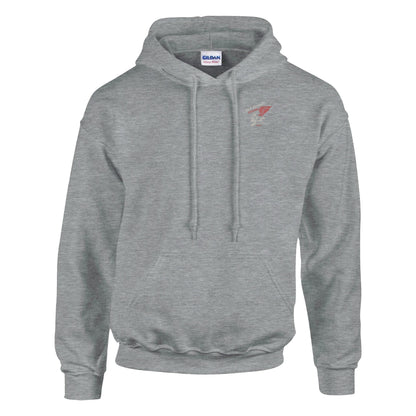 Gray men's Rocker Biker Hoodie with heavy cotton-polyester blend, double-lined hood, front pocket, and ribbed cuffs and waistband.