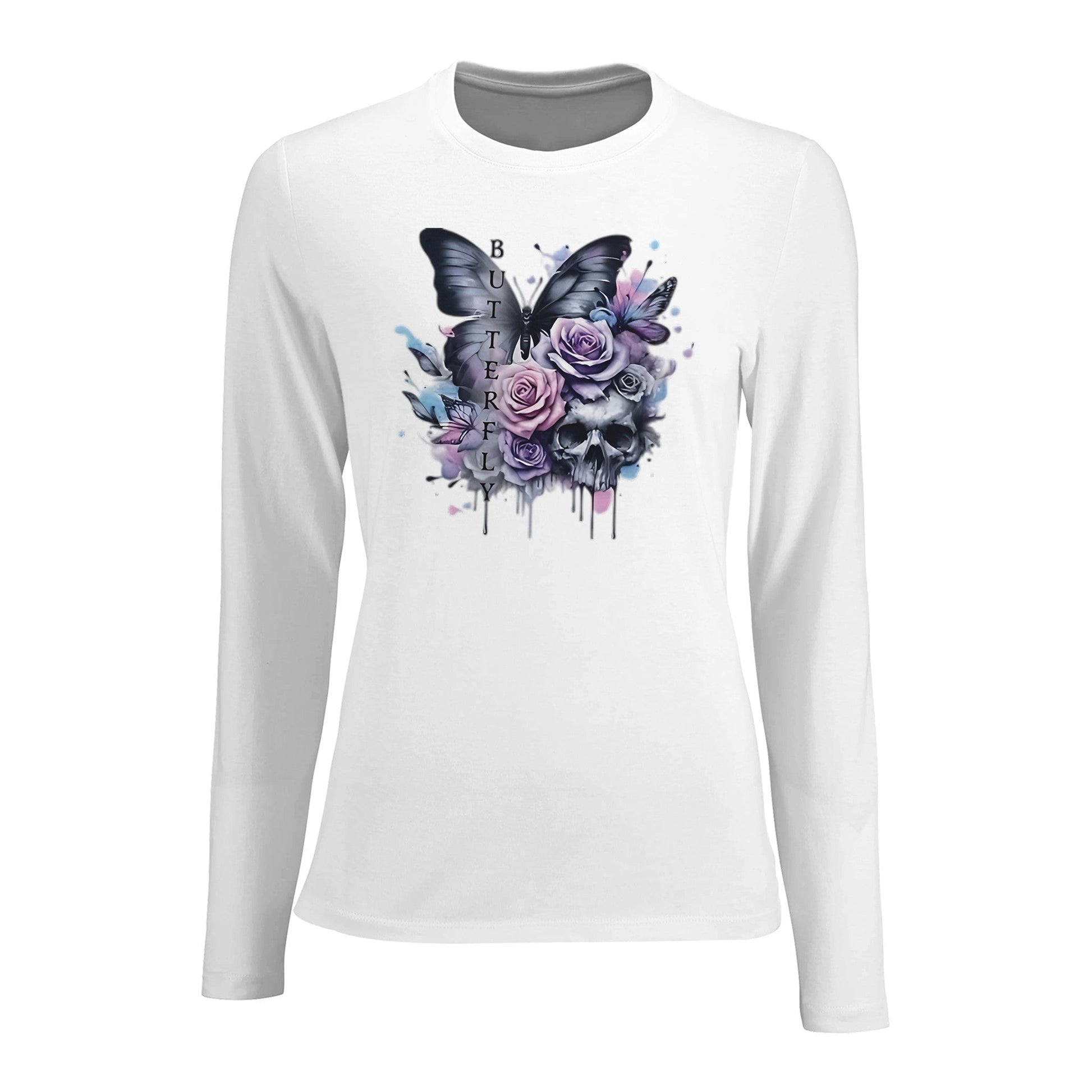 Damen Long Sleeve Fitted T-Shirt weiß mit Schmetterlings- und Totenkopf-Motiv, eng anliegend und aus Premium-Material