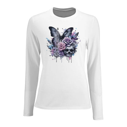 Damen Long Sleeve Fitted T-Shirt weiß mit Schmetterlings- und Totenkopf-Motiv, eng anliegend und aus Premium-Material