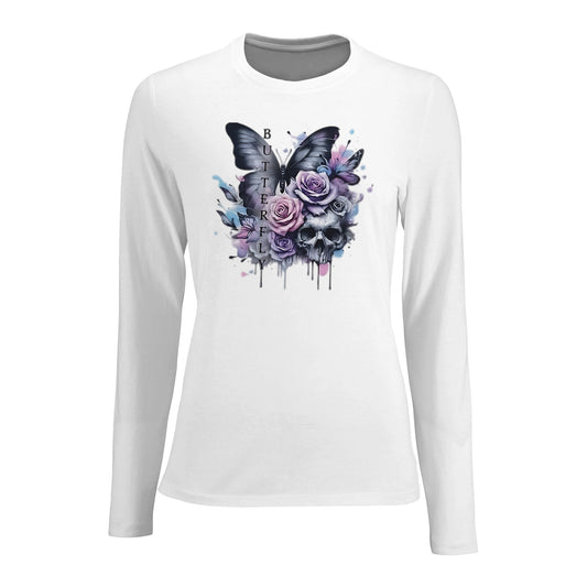 Damen Long Sleeve Fitted T-Shirt weiß mit Schmetterlings- und Totenkopf-Motiv, eng anliegend und aus Premium-Material