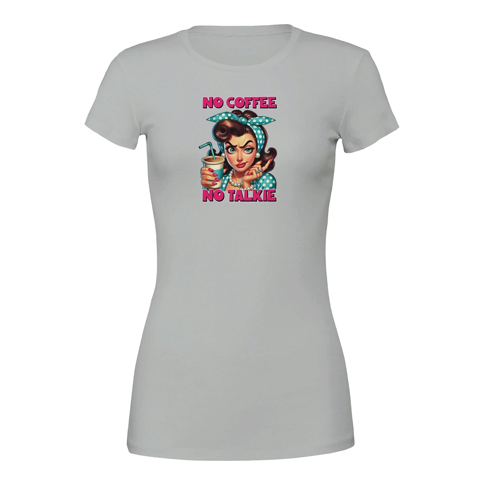 Premium womens crewneck t-shirt with "No Coffee No Talkie" vintage graphic design in light grey color