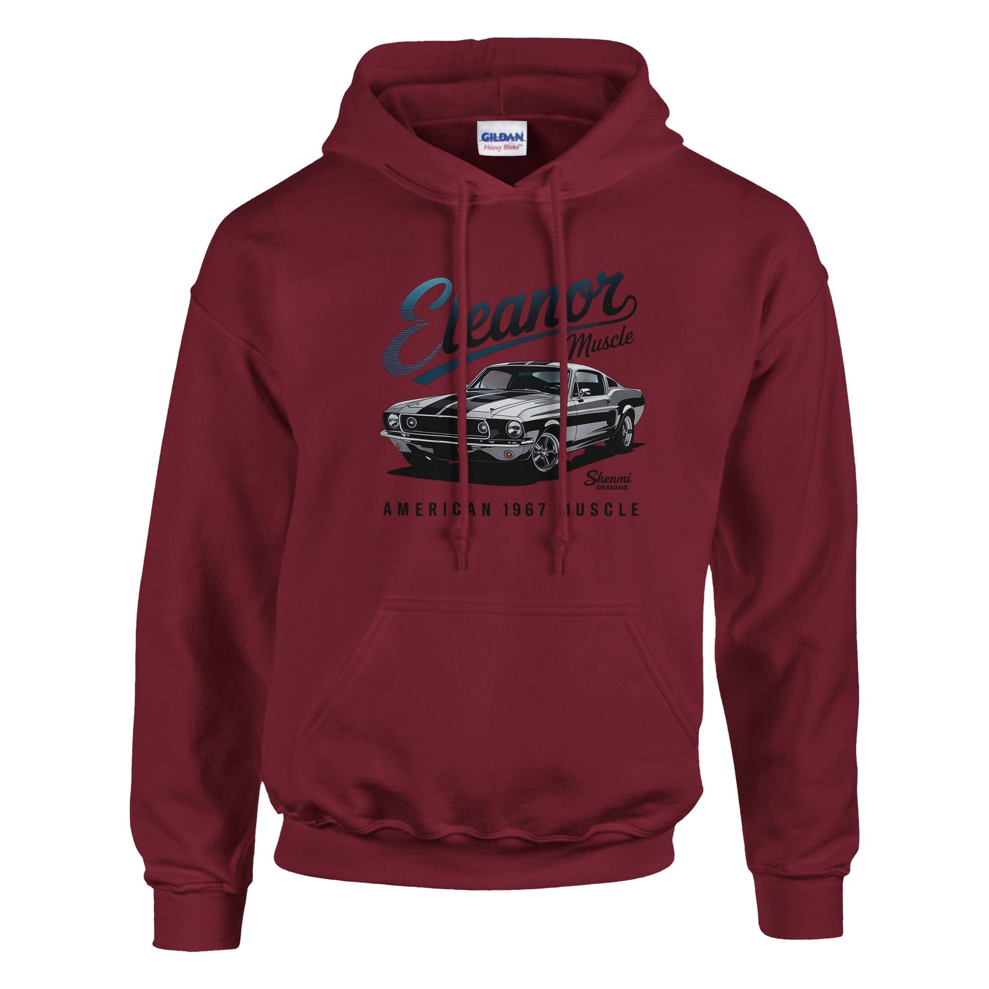 Maroon Eleanor Hoodie with classic 1967 muscle car graphic, unisex design, cotton-polyester blend, and front pouch pocket.
